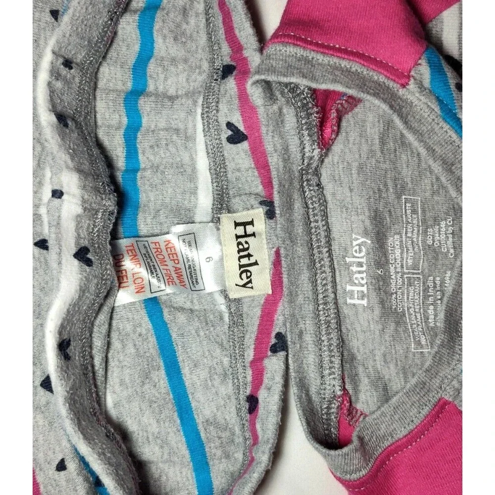 Hatley Girls Sz 6 Long Sleeve Pants Pajama 2pc Set Hearts Gray Stripe Pink White